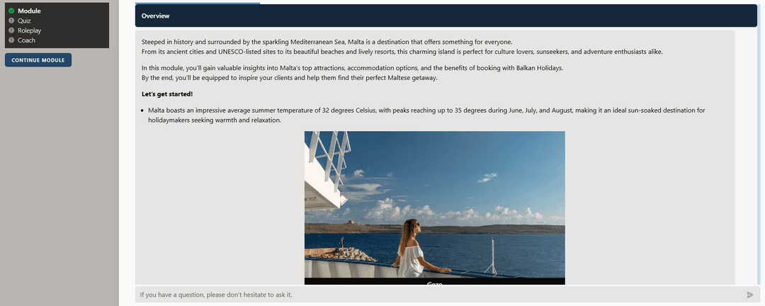 TravAI hyper-personalized AI training interface showing customized learning paths and real-time feedback for travel professionals