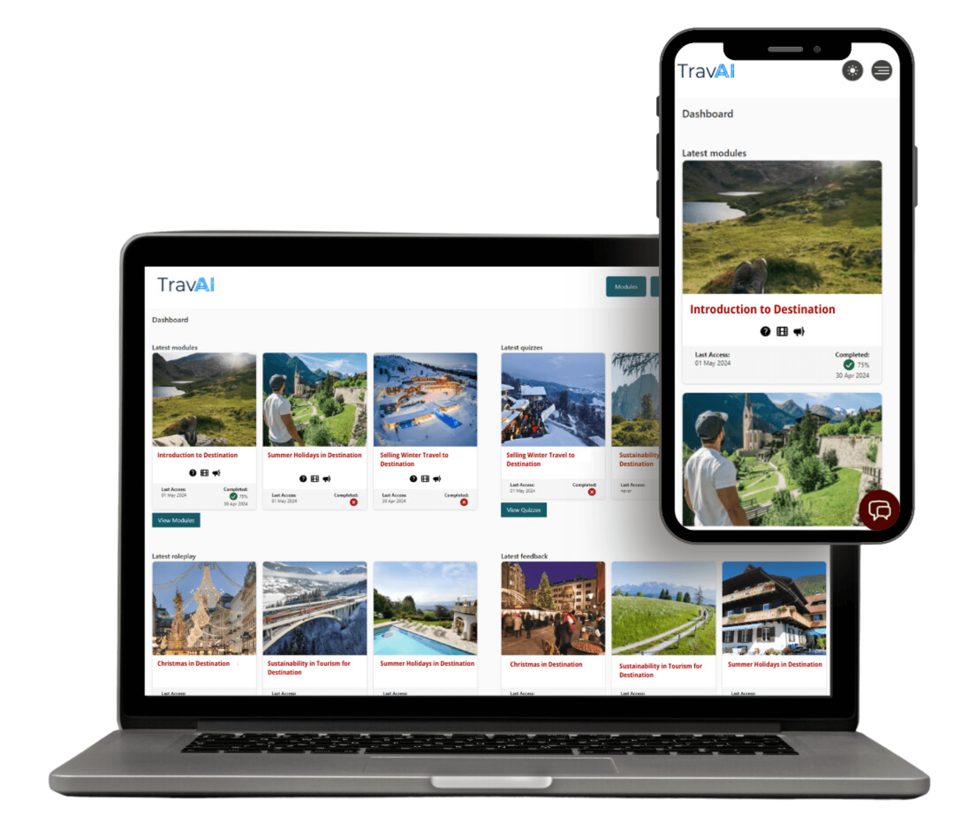 TravAI eLearning platform interface showing interactive AI-powered training modules for travel industry professionals